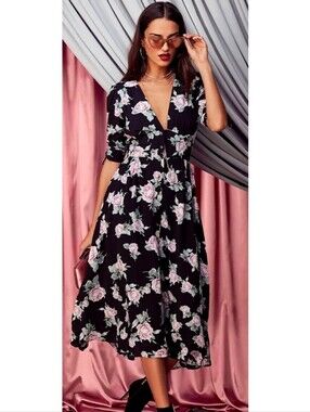 Free People Love Of My Life Black Floral V Neck Midi Dress